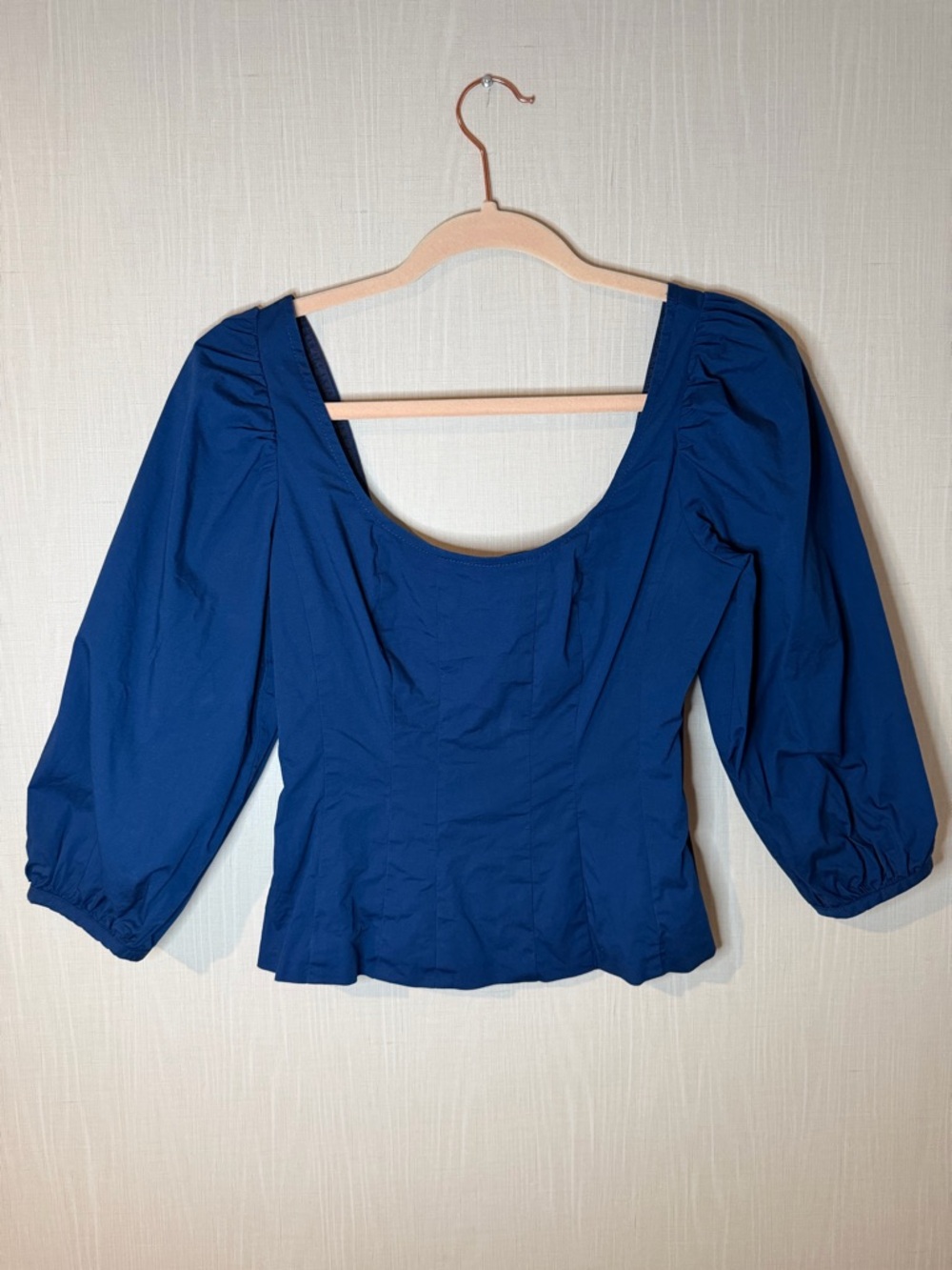 Staud Blue Cotton Scoop Square Neck Puff Sleeve Blouse 4 - Picture 2 of 5